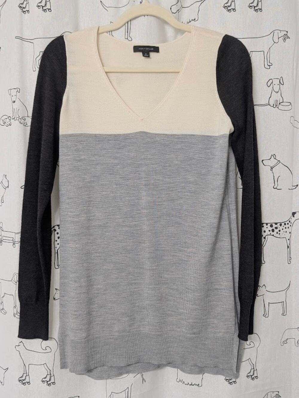 Ann Taylor Sweater Womens S Cream Gray Colorblock Long Sleeve Dark Academia
